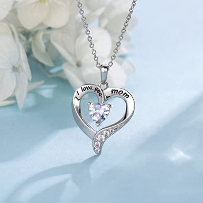 Mom Necklace 925 Sterling Silver Heart Necklaces for Women - color: 01-White Gold