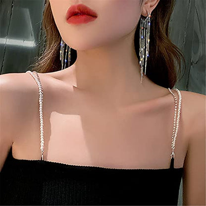 Chic Charm 14k Gold Silver Plated Big Chandelier Tassel Long Chain Geometry Huggie Hoop Dangle Drop Earrings for Women Statement Jewelry Gifts - color: Silver
