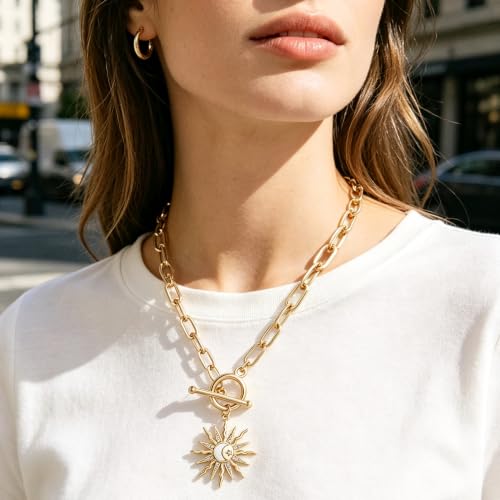 DoreenBeads 18K Gold Sun Moon Star Compass Pendant Necklace | Chunky Toggle Paperclip Chain Necklace with Heart Daisy Bee Charms for Women Girls 20 Inches - color: Sun