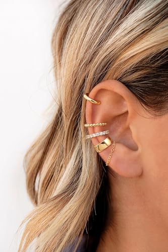 14K Gold Plated Ear Cuff Earrings for Women, Dainty Ear Cuffs Non Piercing Clip on Earrings Trendy Non pierced Cubic Zirconia Fake Hoop Earring Jewelry Sets for Women - color: Gold-2