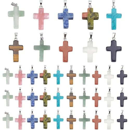 PH PandaHall 50pcs Stone Cross Charms 10 Color Easter Gemstone Pendants Cross Quartz Crystal Chakra Charms for Valentine Eid Mubarak Ramadan Decoration Necklace Earring Bracelet Jewelry Making - color: 10-Color Cross - 50pcs