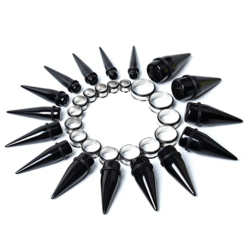 32 PCS 00G - 24mm Ear Taper Kit Gauge Stretching Kit | Hypoallergenic surgical Stainless steel Tapers Tunnels Plugs, body piercing jewelry for women and men - color: Black