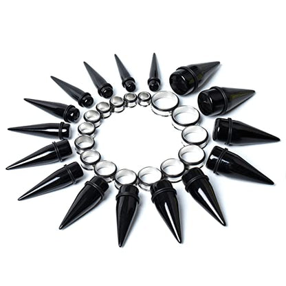 32 PCS 00G - 24mm Ear Taper Kit Gauge Stretching Kit | Hypoallergenic surgical Stainless steel Tapers Tunnels Plugs, body piercing jewelry for women and men - color: Black