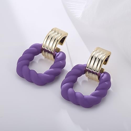 RUOFFETA Rectangle Earrings for Women, Acrylic Square Earrings Twisted Geometric Statement Jewelry - color: Purple Gold