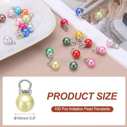 MECCANIXITY 100Pcs Imitation Pearl Pendant 10mm Faux Pearl Beads with Rhinestone for Dangle Jewelry Making Earrings Necklace Bracelets Crafts, Yellow - color: Yellow