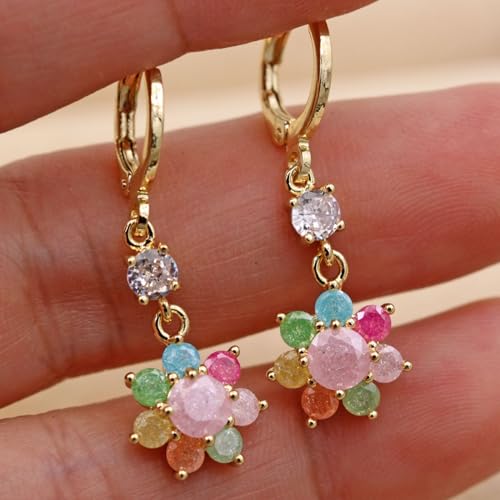 18K Gold Plated Flower Dangle Earrings for Women, Hypoallergenic Cubic Zirconia Earrings, Elegant CZ Drop Earrings, Statement Jewelry Gifts Party Fashion - style: Dangle-Flower-IceMix