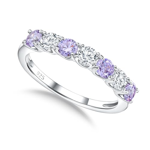 3.5mm Stackable Rings S925 Sterling Silver Created Birthstone & Cubic Zirconia Ring for Women Wedding Bands Anniversary Birthday Jewelry Size 6 to 10(with Box) - color: 06-Created Alexandrite & CZ-Jun