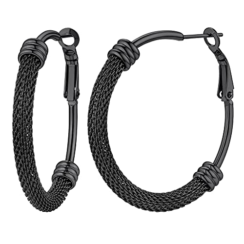 ChainsHouse 30/40/60/80mm Hoop Earrings for Women,Chunky Earrings in 18K Gold Plated/Silver/Black,Minimalist Jewelry Round Tube Hoops Fits Sensitive Ears|Hypoallergenic&Waterproof,with Gift Box - color: C:black-mesh tube, size: 40MM