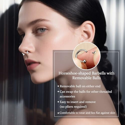 D.Bella 16G Horseshoe Septum Ring Surgical Steel Nose Hoop CZ Earring Eyebrow Lip Tragus Helix Daith Piercing Jewelry for Women Men 8-12mm - color: silver
