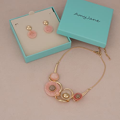 AMYJANE Vintage Statement Jewelry Set - Spring Leaf Flower Floral Plant Necklace Earring Set Crystal Rhinestone Fashion Costume Jewelry for Women Prom Party Unique Gift - style: ML Geometric Round Jewelry Set-Pink