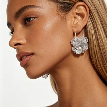 Dangle Flower Gold Earrings for Women, Trendy Statement Hoop Earrings, Gold Floral Drop Earrings Jewelry for Gifts - color: Silver flower