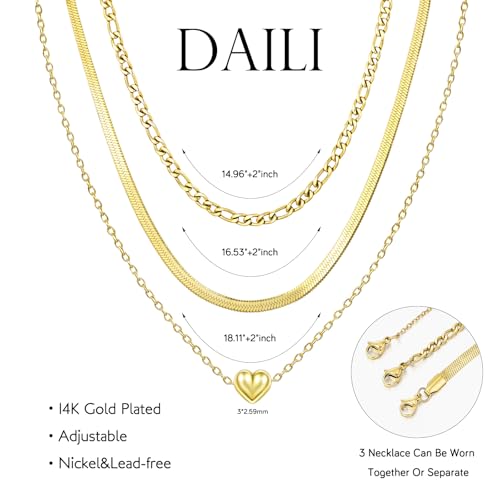 Layered Necklaces for Women,14k Gold Plated Dainty Necklace Stack Set Non Tarnish Adjustable Silver Stainless Steel CZ Heart Circle Pendant Paperclip Choker Herringbone Snake Chain Jewelry - style: Heart Layered Necklace