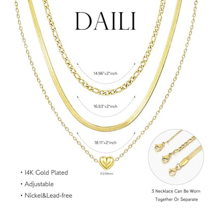 Layered Necklaces for Women,14k Gold Plated Dainty Necklace Stack Set Non Tarnish Adjustable Silver Stainless Steel CZ Heart Circle Pendant Paperclip Choker Herringbone Snake Chain Jewelry - style: Heart Layered Necklace