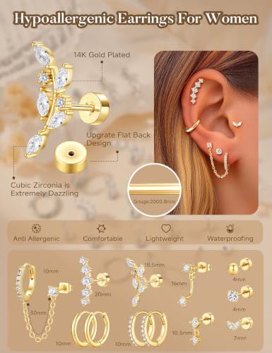 10 Pairs Hypoallergenic Cartilage Flatback Stud Earring for Women | 14K Gold Plated Flatback Stud Hoop Earring Sets for Helix Tragus Conch Piercing Jewelry Earring for Women Trendy - color: 14K Gold Plated