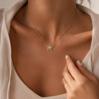Gold Necklace for Women, Dainty 14K Gold Plated Pendant Necklaces for Women Trendy Simple Choker Chain Cubic Zirconia Circle/Interlocking/Sun/Pearl Necklace Fashion Jewelry Charm Gifts - color: CZ Flower