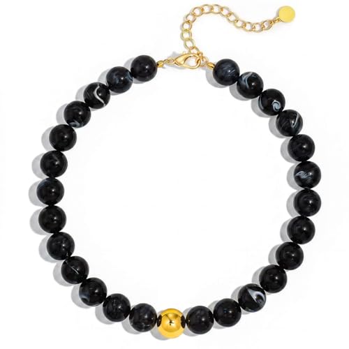 Multicolor Chunky Beaded Necklace, Statement Colorful Round Ball Beads Choker Necklace with Gold-Tone Adjustable Chain, Fashion Bold Neck Jewelry for Women - color: 16mm-Black