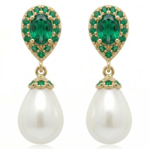 Mariell Pearl Bridal Wedding Drop Earrings with CZ Crystals for Brides, Bridesmaids, Birthday Gift - color: Gold Clip On - Green Cubic Zirconia
