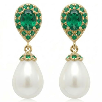 Mariell Pearl Bridal Wedding Drop Earrings with CZ Crystals for Brides, Bridesmaids, Birthday Gift - color: Gold Clip On - Green Cubic Zirconia