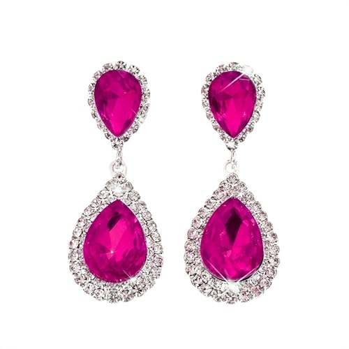 Pink Teardrop Crystal Rhinestone Dangle Earrings for Women | Teardrop crystal design,pink rhinestone dangle,sparkling finish,for bridal wedding formal pageant,elegant women jewelry