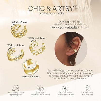 CHIC & ARTSY 925 Sterling Silver Ear Cuffs for Women, Non Piercing Clip On Cartilage Cuffs, Adjustable Fake Conch & Helix Earrings, Gold Plated & Oxidized Various Styles - color: ear cuff #18
