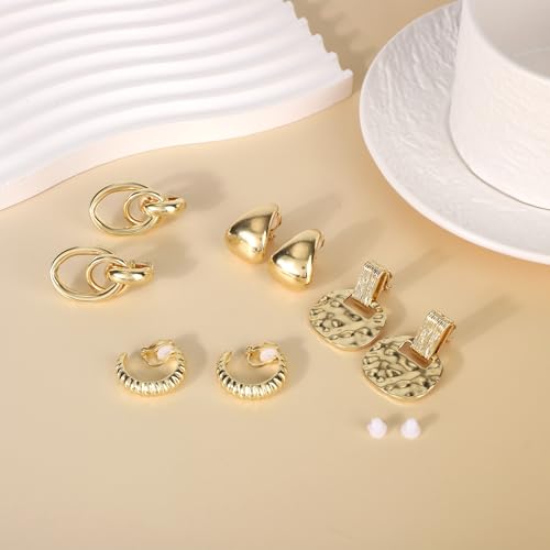 Mikovivi 10 Pairs Gold-Tone Clip On Earrings for Women, Non Pierced No Piercing Ear Clips with Knot CZ & Pearl Twist Design Chunky Hoop Studs Clip Earrings for Women Daily Work or Party Jewelry Gift