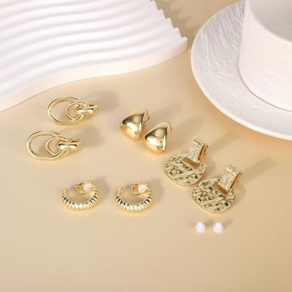 Mikovivi 10 Pairs Gold-Tone Clip On Earrings for Women, Non Pierced No Piercing Ear Clips with Knot CZ & Pearl Twist Design Chunky Hoop Studs Clip Earrings for Women Daily Work or Party Jewelry Gift