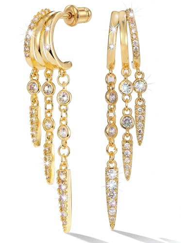 Gold Earrings for Women Trendy 14K Gold Plated Dangle Earrings Small Hoop Huggie Drop Stud Earrings Cubic Zirconia Simple Minimalist Dainty Chain Tassel Hypoallergenic Earrings - color: Tassel & Gold