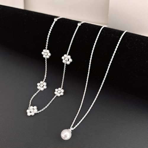 Zeffy Gold Pearl Necklace for Women, Dainty 14K Gold/Silve Plated Layered Pearl Choker Pearl Earrings Pearl Bracelets Wedding Trendy Gold Jewelry Set for Women Gifts - style: Silver Pearl Daisy Necklace-2PCS