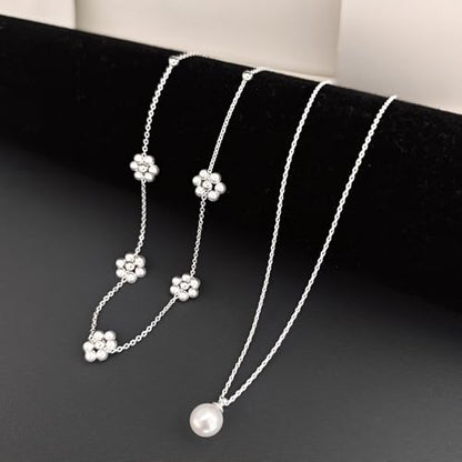 Zeffy Gold Pearl Necklace for Women, Dainty 14K Gold/Silve Plated Layered Pearl Choker Pearl Earrings Pearl Bracelets Wedding Trendy Gold Jewelry Set for Women Gifts - style: Silver Pearl Daisy Necklace-2PCS