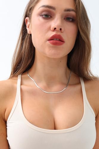 FOSIR Herringbone Necklace for Women, 14K Gold Plated/Silver/Black Choker Necklace, Dainty Surgical Stainless Steel Snake Chain for Women, 2.3mm/3mm/4mm/5mm Width - color: Silver, style: 3.0mm/14 Inch