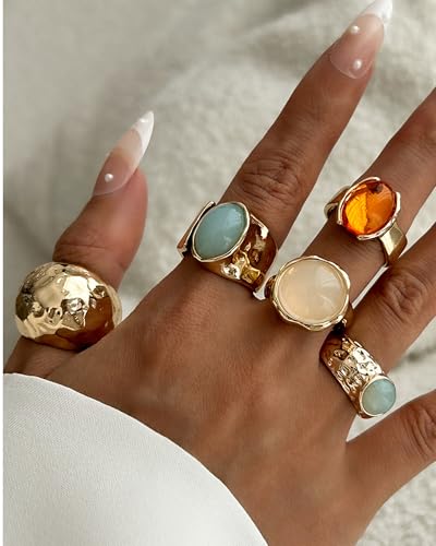 Chunky Gold Shell Starfish Ring Set for Women Trendy Gold Flower Scallop Seashell Starfish Gemstone Rings Adjustable Stacking Statement R-ings Non Tarnish Spring Summer Jewelry Accessories - color: A3:5 pcs