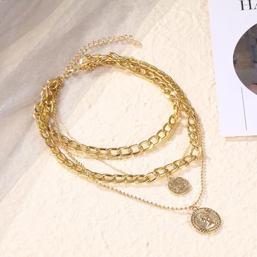 GIGB PBDK Chunky Layered Coin Pendant Necklaces for Women Gold Cuban Link Chain Statement Necklaces Punk Halloween Bachelor Party Holiday Vacation Accessory - color: Gold