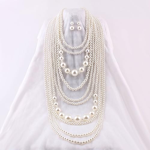 Multilayer Strand Chain Faux Pearls Flapper Beads Cluster Long Choker Necklace - color: White Necklace