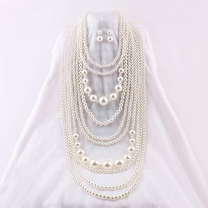 Multilayer Strand Chain Faux Pearls Flapper Beads Cluster Long Choker Necklace - color: White Necklace