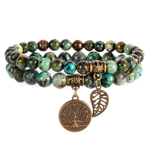 Bivei Natural Semi Precious Gemstone beads bracelet for women - Life Tree and Leaf Charm Energy Reiki Crystal Stretch Bracelets - color: African Turquoise Bracelet Set, size: Small:6.61-6.7inch