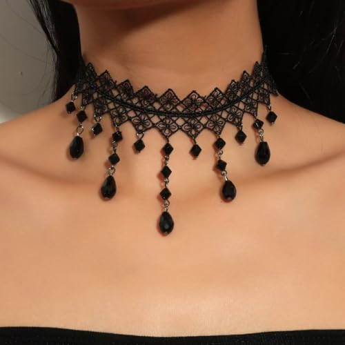 CSIYANJRY99 Gothic Choker Necklace for Women Halloween Red Crystal Vampire Choker Steampunk Lace Choker Witch Costume Accessories - style: Plaid tassel