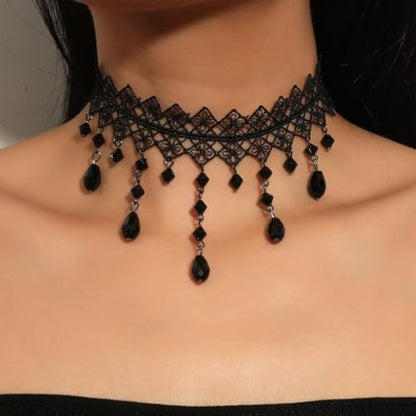 CSIYANJRY99 Gothic Choker Necklace for Women Halloween Red Crystal Vampire Choker Steampunk Lace Choker Witch Costume Accessories - style: Plaid tassel