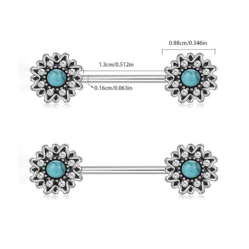 Kokoma Vintage Flower Nipple Rings for Women Turquoise Crystal CZ 14G Stainless Steel Nipplerings Barbell Nipple Piercing Nipple Shield Rings Body Piercing Jewelry