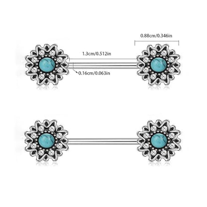 Kokoma Vintage Flower Nipple Rings for Women Turquoise Crystal CZ 14G Stainless Steel Nipplerings Barbell Nipple Piercing Nipple Shield Rings Body Piercing Jewelry