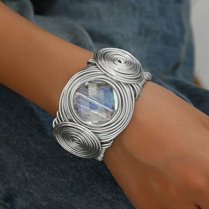 Chunky Cuff Bracelets for Women Wide Gold/Silver Cuffs Bangle Hollow Out Adjustable Bracelets Punk Vintage Jewelry - style: Gray Crystal