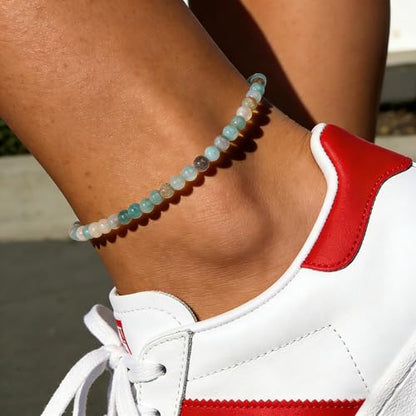 Natural Stone Beaded Anklets for Women, Handmade Boho Clear Quartz 4mm Crystal Beads Anklet, Gold Chain Adjustable Ankles Bracelet, Beach Summer Jewelry Gemstone Foot Bracelet Gift - color: Amazonite