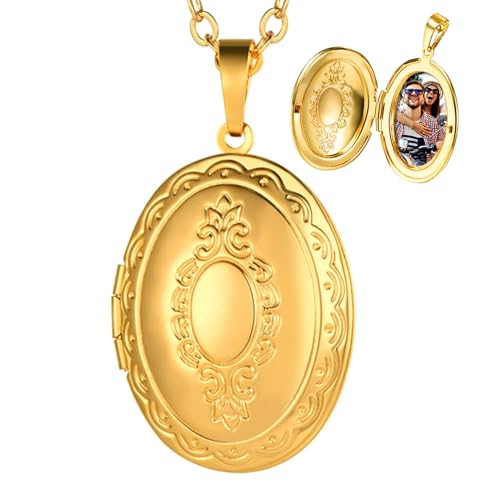 U7 Custom Photo Locket Necklace - Oval & Heart Shaped Locket - Gold/Silver/Rose Gold Personalized Image Necklaces for Women - color: 01-Oval Gold, style: c. locket+photo+text