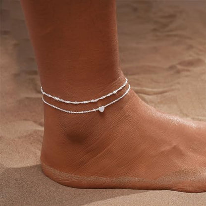 MFRYK Gold Ankle Bracelets for women,14k Gold/Silver Plated Waterproof Layered lightweight Cuban Link Figaro Chain Heart anklet butterfly anklet Pearl Ankle Bracelets Set Gold Anklets for women Trendy Jewelry Gift for Women - style: 2 anklets layered hear