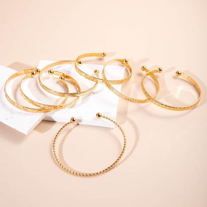 Gold Bangle Bracelets for Women, 14k Gold Plated Multi Layer Textured Stackable Open Bracelet Set Boho Indian Bangles Stackable Set Trendy Elegance Charms Non Tarnish Minimalist Bangle Pack - style: Gold 7Pcs