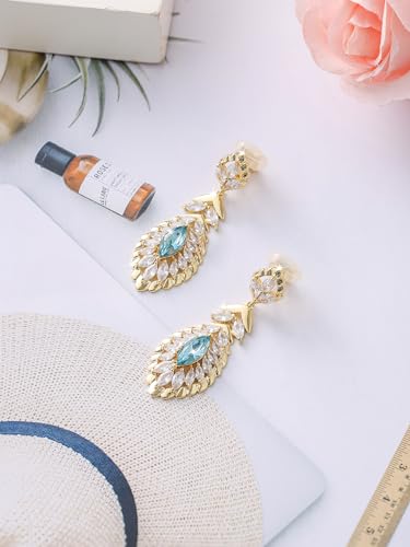 Clip On Crystal Dangle Non Pierced Earrings for Women 14K Gold Plated Jewelry - color: Aug-Peridot-14K Gold