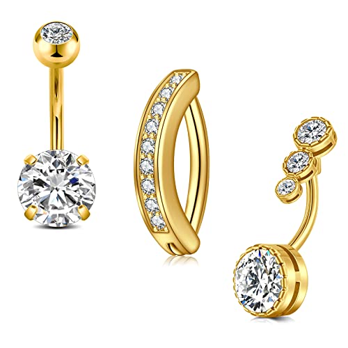 Silver Gold Belly Button Ring for Women Clicker Hoop Belly Rings Opal Navel Piercing Jewelry Dangle Hypoallergenic Surgical Steel Dainty Dangling Navel Rings for Women - color: B2-3p-gold