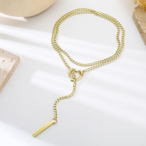 Slip Chain Necklaces for Women Stainless Steel Bar Pendant Choker Necklace Boho Handmade Long Lariat Necklace Silver Statement Punk Rock Collar Jewelry - style: layered gold heart