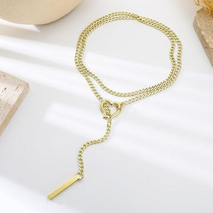 Slip Chain Necklaces for Women Stainless Steel Bar Pendant Choker Necklace Boho Handmade Long Lariat Necklace Silver Statement Punk Rock Collar Jewelry - style: layered gold heart
