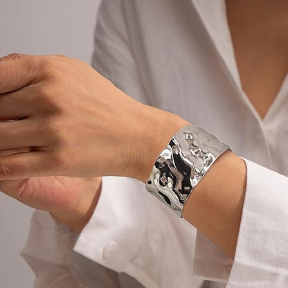 Gold Cuff Bracelet for Women Chunky Multi-layer Cross Wire Open Bracelet Hollow Wide Cuff Bracelets Adjustable Gold Open Cuff Bangle Bracelet - color: Hammered Wide White-gold Bracelet
