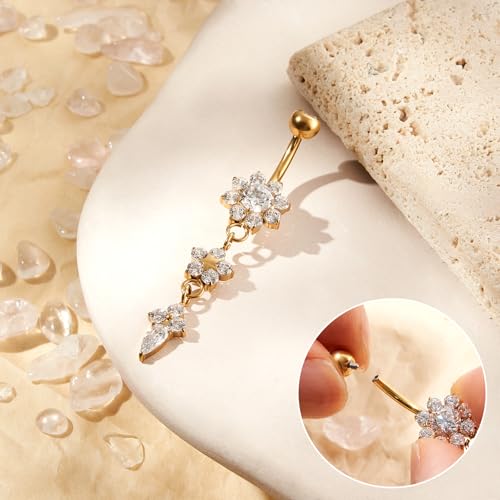 1PC 14G Belly Button Rings G23 Titanium Dangle Belly Piercing Navel Rings CZ Curved Barbell Internally Threaded Dangling Belly Jewelry for Women - color: B-Gold